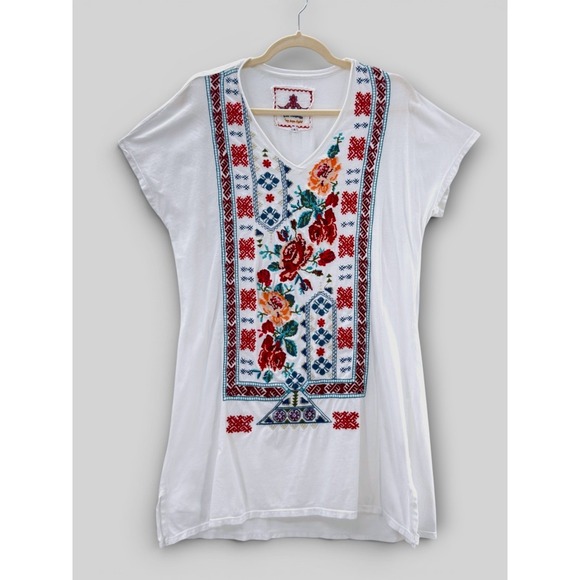 Johnny Was Tops - Johnny Was - JW Los Angeles Embroidered T-Shirt Dress S Boho Floral Cotton White